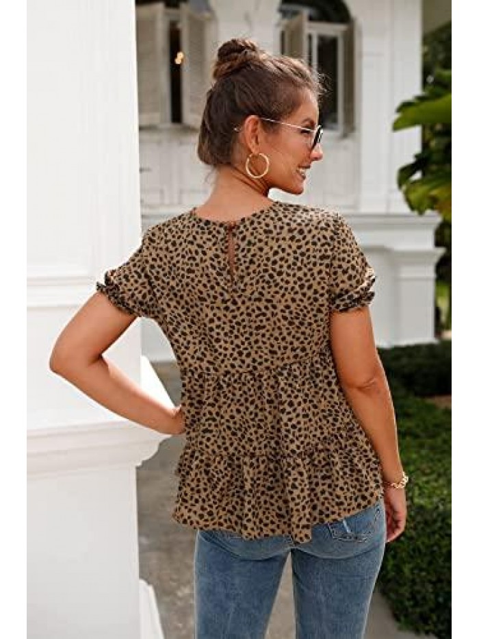 Women's Leopard Blouse Short Puff Sleeve Crewneck Babydoll Shirts Peplum Tunic Tops 