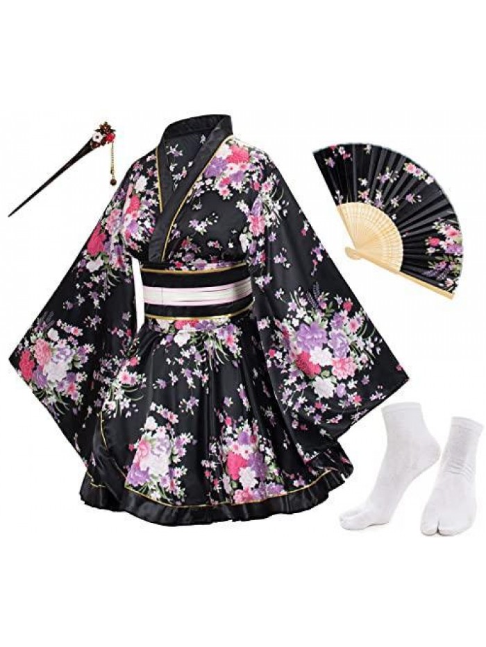 Anime Women's Dance Kimono Robe Fancy Dress Hand Held Silk Folding Fans Tabi Hairstick Socks Set 