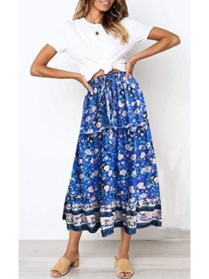 Women's Bohemian Floral Printed Elastic Waist A Line Maxi Skirt with Pockets 