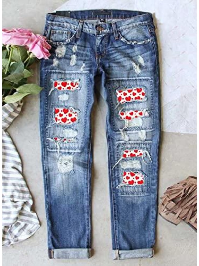 Ripped Jeans for Women Plaid Patch Boyfriend Skinny Distressed Denim Jean Pants 