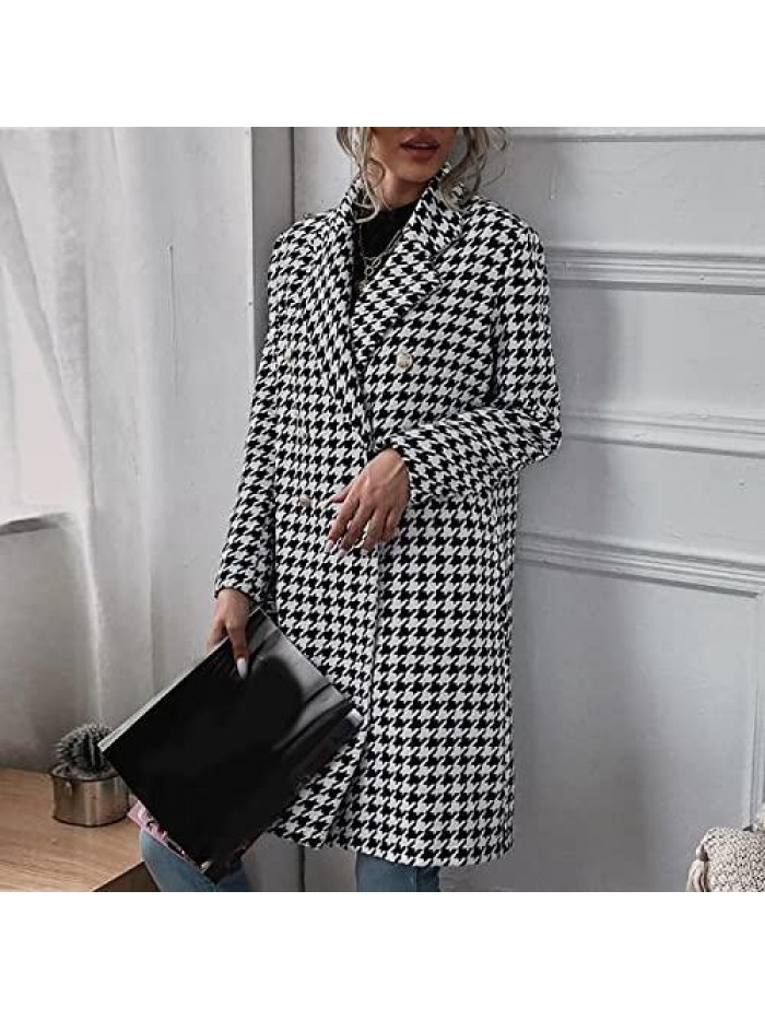 Women's Long Houndstooth Trench Jacket Elegant Notched Lapel Woolen Cloth Coat Fashion Double Breasted Casual Outwear 