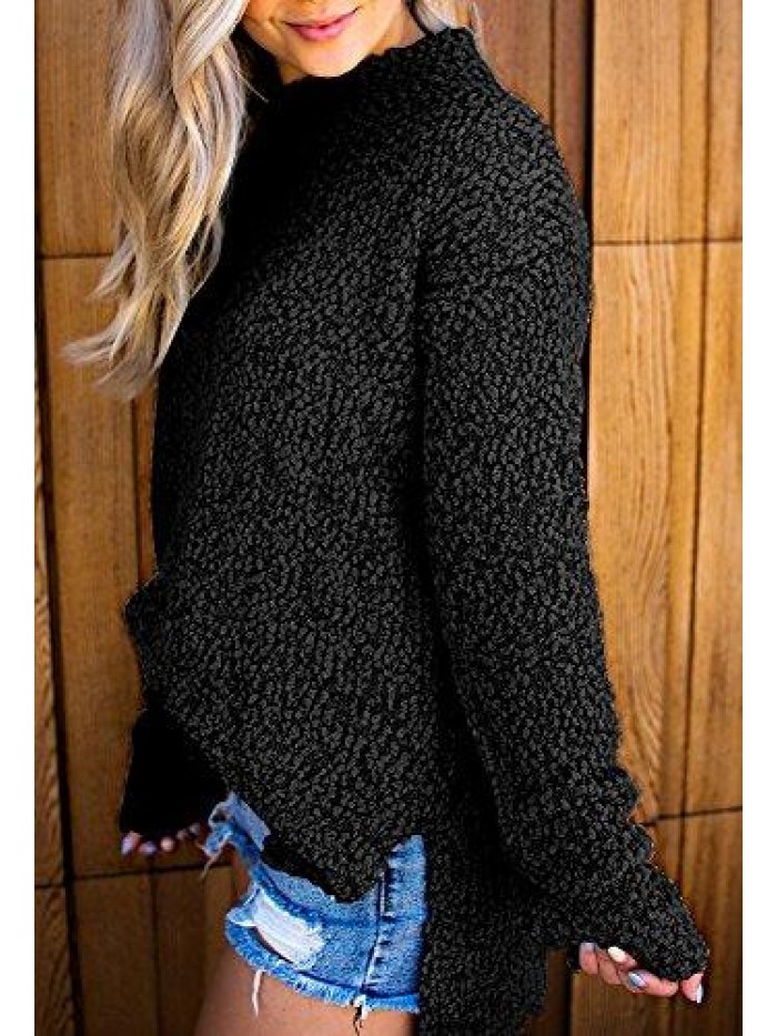 Womens Fuzzy Knitted Sweater Sherpa Fleece Side Slit Full Sleeve Jumper Outwears  