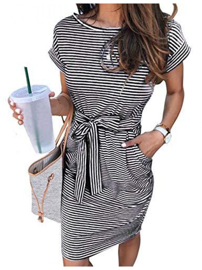 Women's Summer Striped Short Sleeve T Shirt Dress Casual Tie Waist with Pockets 