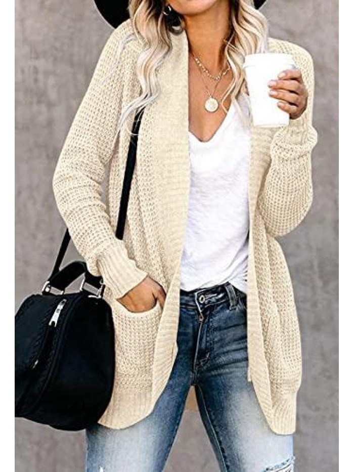 Womens Long Sleeve Open Front Waffle Chunky Knit Cardigan Sweater Outwear 