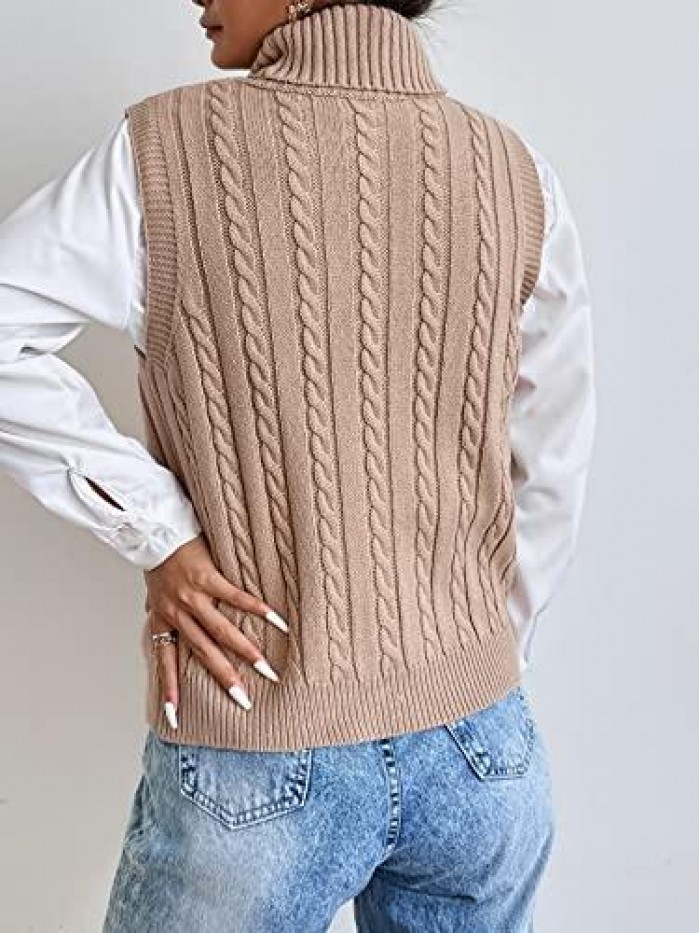 Women's Sweater Vest Cable Knit Turtleneck High Neck Sleeveless Pullover Tank Top 