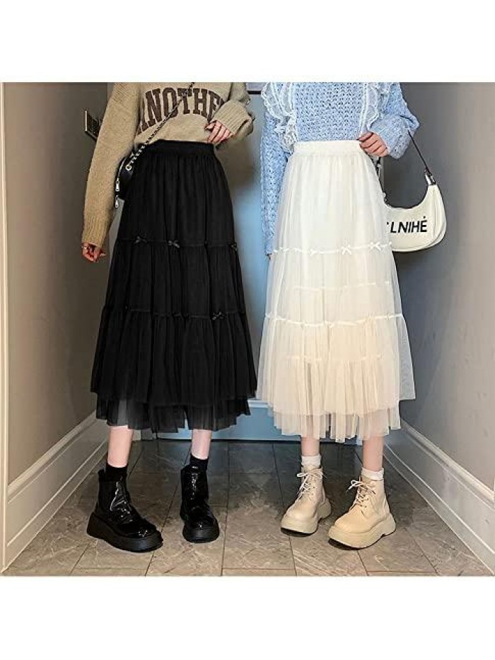 Women Tulle Skirt, Slim A-Line Fairy Elastic Waist Tulle with Bows Tea Length Layered Tulle Midi Skirts 