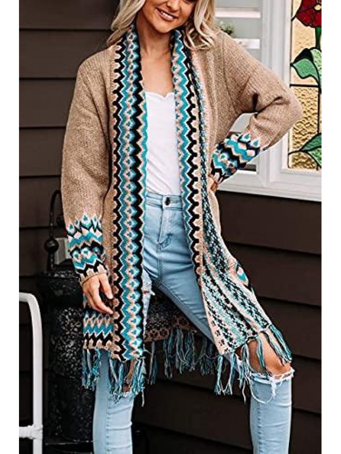 Plus Size Long Cardigans Boho Open Front Aztec Tribal Chunky Loose Sweaters with Tassels 