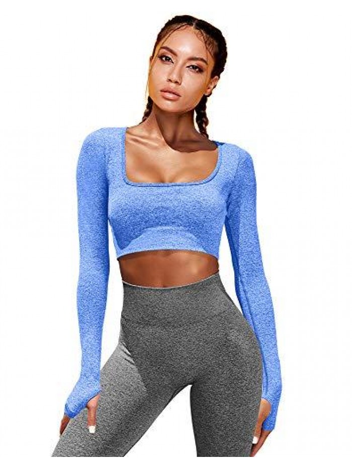 Women's Sports Yoga Gym Stretch Bodycon Crop Top Compression Workout Athletic Long Sleeve Shirt 