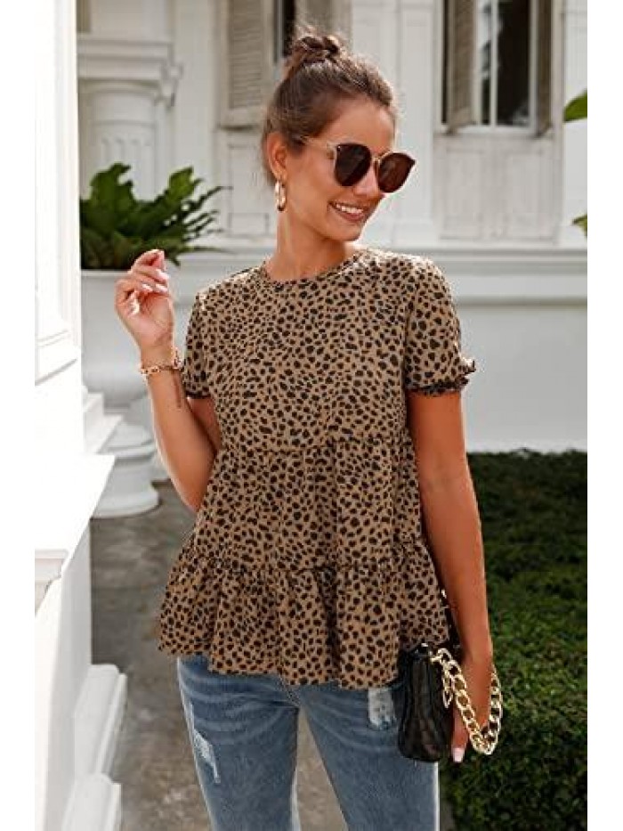 Women's Leopard Blouse Short Puff Sleeve Crewneck Babydoll Shirts Peplum Tunic Tops 