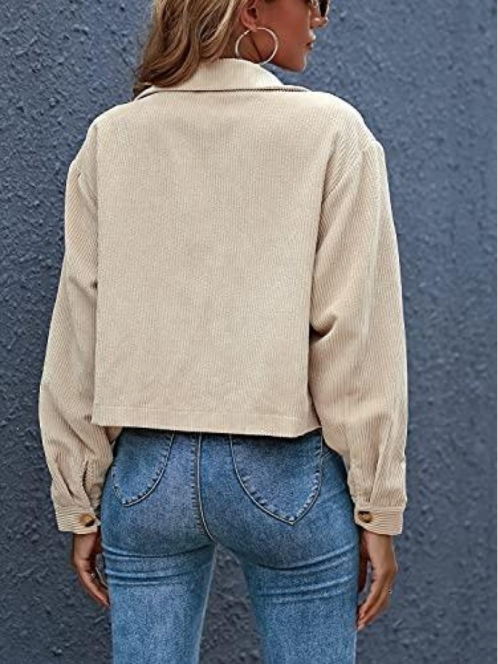 Women's Casual Cropped Corduroy Jackets Button Down Long Sleeve Shirts Jacket With Pockets 