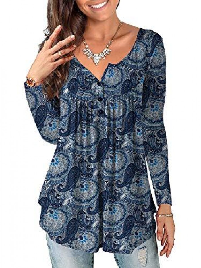 Plus Size Tunic Tops Long Sleeve Casual Floral Printed Henley Shirts for Women 