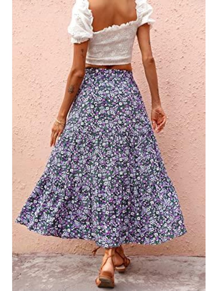Summer Women's High Waist Floral Print Pleated Maxi Skirt Casual Flowy Swing A Line Chiffon Long Skirts 