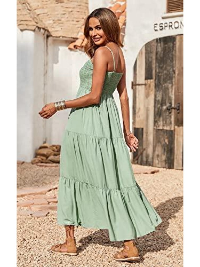 PRETTYGARDEN Women's Summer Maxi Dress Casual Boho Sleeveless Spaghetti Strap Smocked Tiered Long Beach Sun Dresses