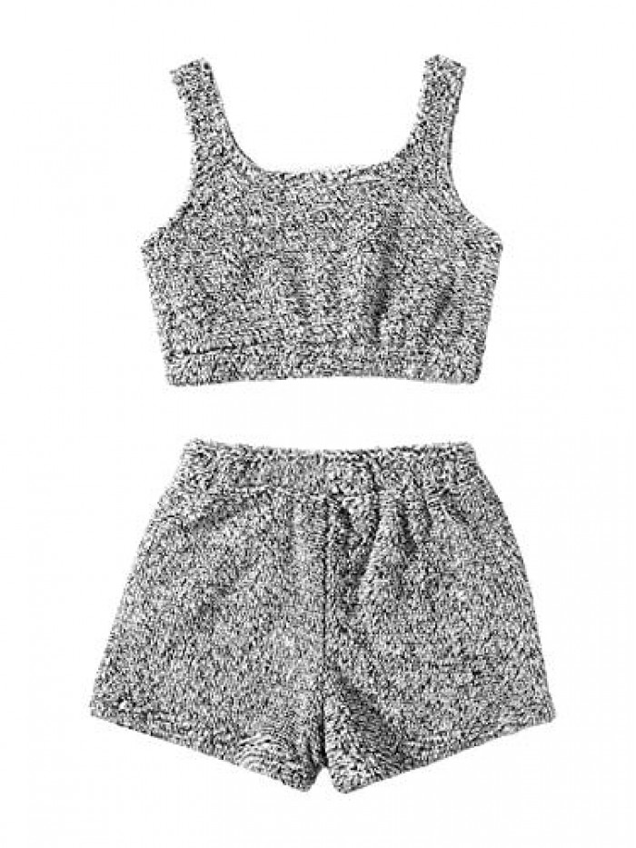 Women's Fluffy Pajamas Set Crop Tank Top with Shorts Loungewear 