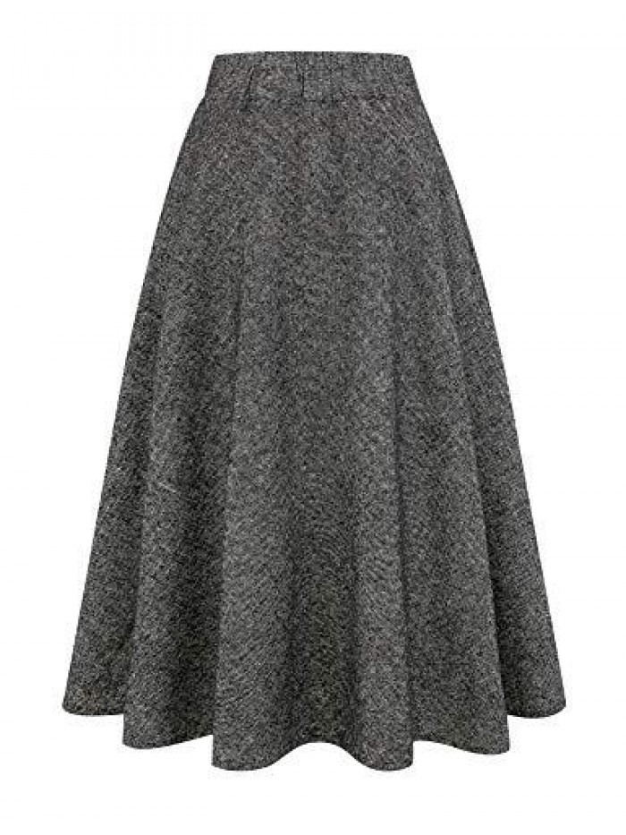 Womens High Elastic Waist Maxi Skirt A-line Plaid Winter Warm Flare Long Skirts 