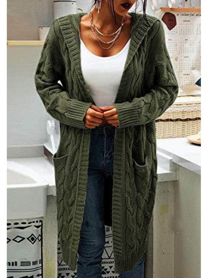 Hooded Open Front Cardigan Cable Knit Sweaters Solid Color Chunky Long Sweater Coats 