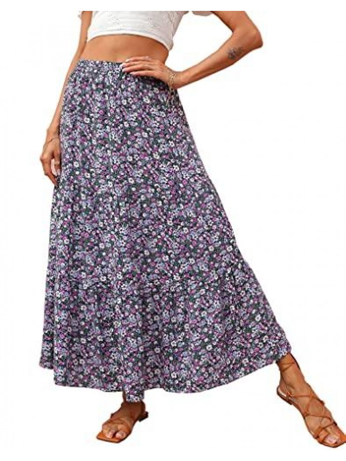 Summer Women's High Waist Floral Print Pleated Maxi Skirt Casual Flowy Swing A Line Chiffon Long Skirts 