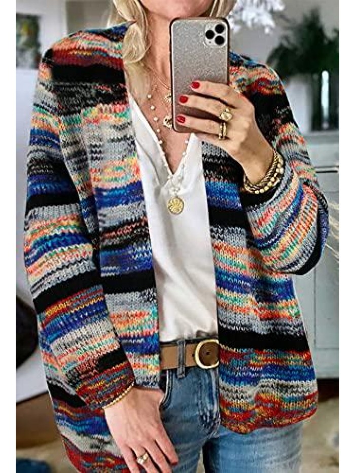 Women's Long Sleeve Rainbow Stripe Color Block Cardigan Sweaters Colorful Open Front Cardigan Outwear with Pockets 