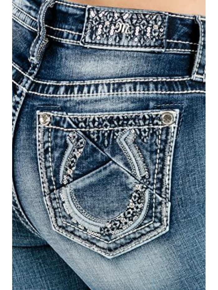 Me Women's Mid-Rise Boot Jeans with Sequin Horseshoe Designs 
