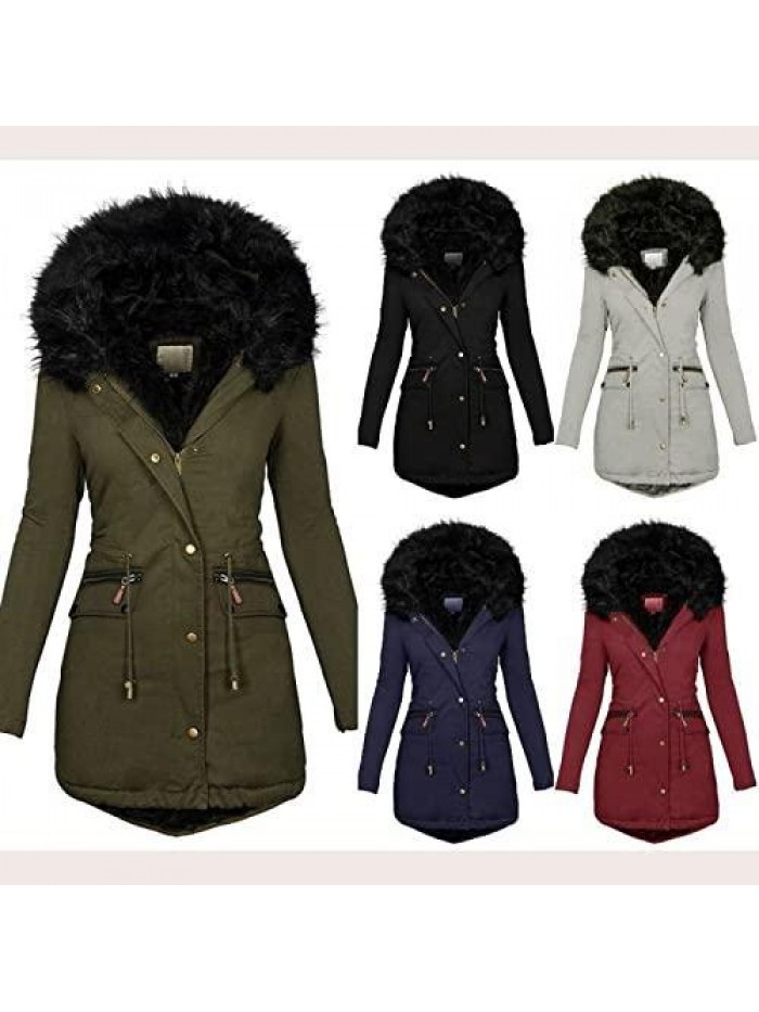 Puffer Jacket Womens Plus Size Thick Coats Chunky Lined Overcoats Solid Zipper Winter Outerwear with Fur Hood 