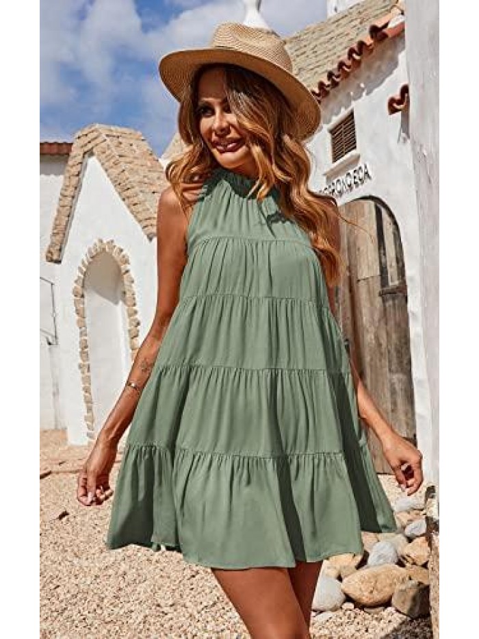 Women's Summer Casual Sleeveless Halter Dress Ruffle Tiered Flowy Short Dress Loose Swing Pleated Boho Mini Sundress 
