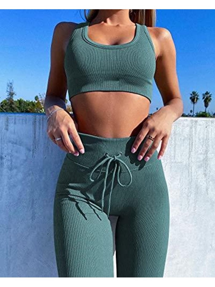 Women Workout Sets Seamless Ribbed Crop Sport Bra Two Piece High Waist Yoga Leggging Outfits 