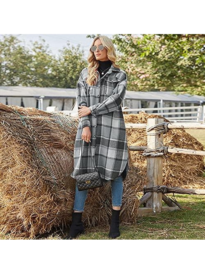 Womens Casual Flannel Plaid Button Down Jacket Long Sleeve Lapel Pocketed Shacket Coat 