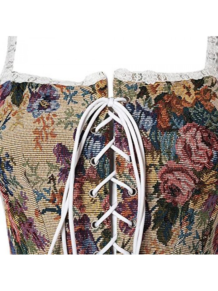 Vintage Floral Print Vest Sexy Bodycon Boat Neck Jacquard Camisole Flounce Irregular Suspender Corset 