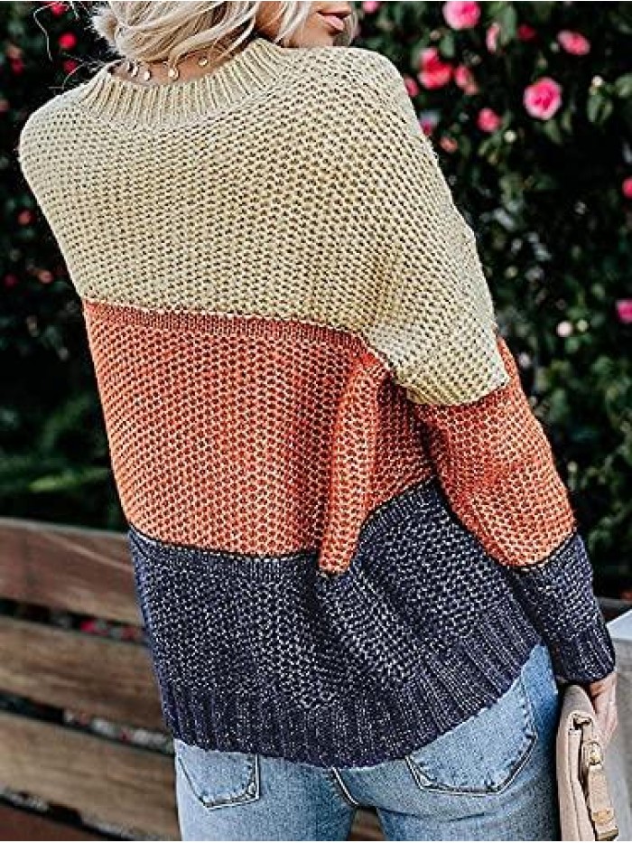 Women's Crew Neck Long Sleeve Color Block Knit Sweater Casual Pullover Jumper Tops 