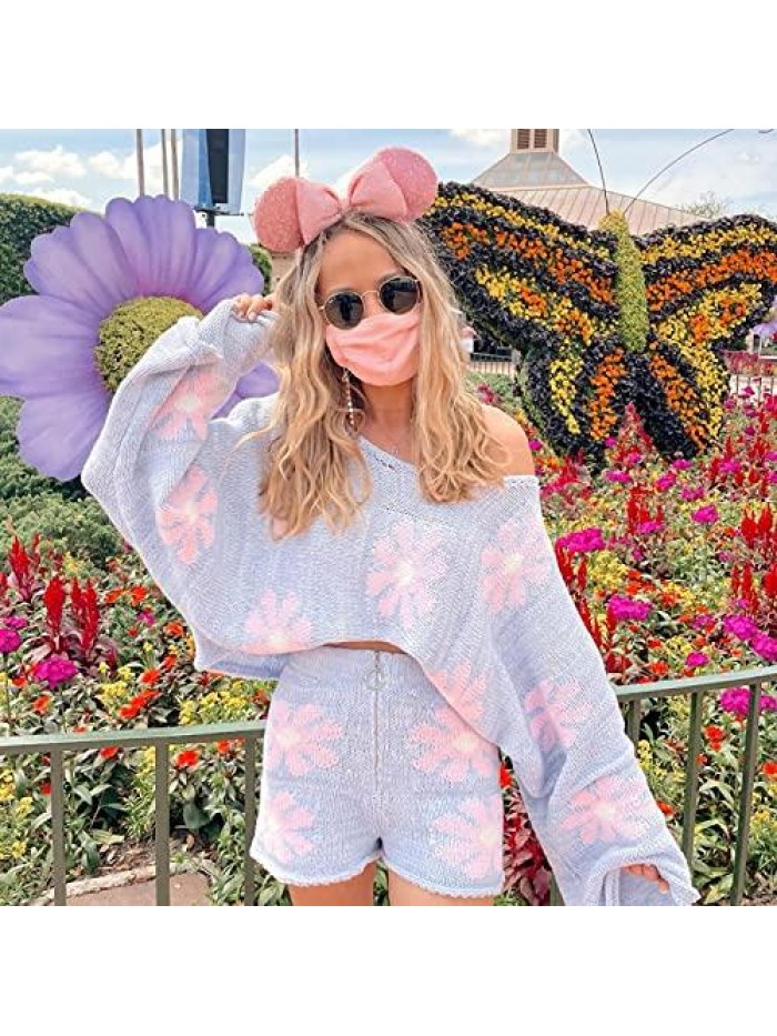 2 Piece Sweater Set Off Shoulder Floral Knit Pullover Top and Zipper Knitted Shorts Suit Spring Outfits 