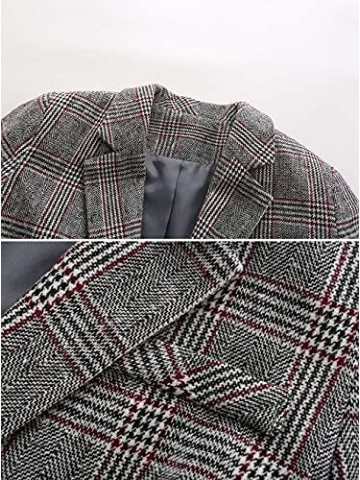 Women's Notch Lapel 2 Button Boyfriend Blazer Suit Houndstooth Plaid Jacket Coat 