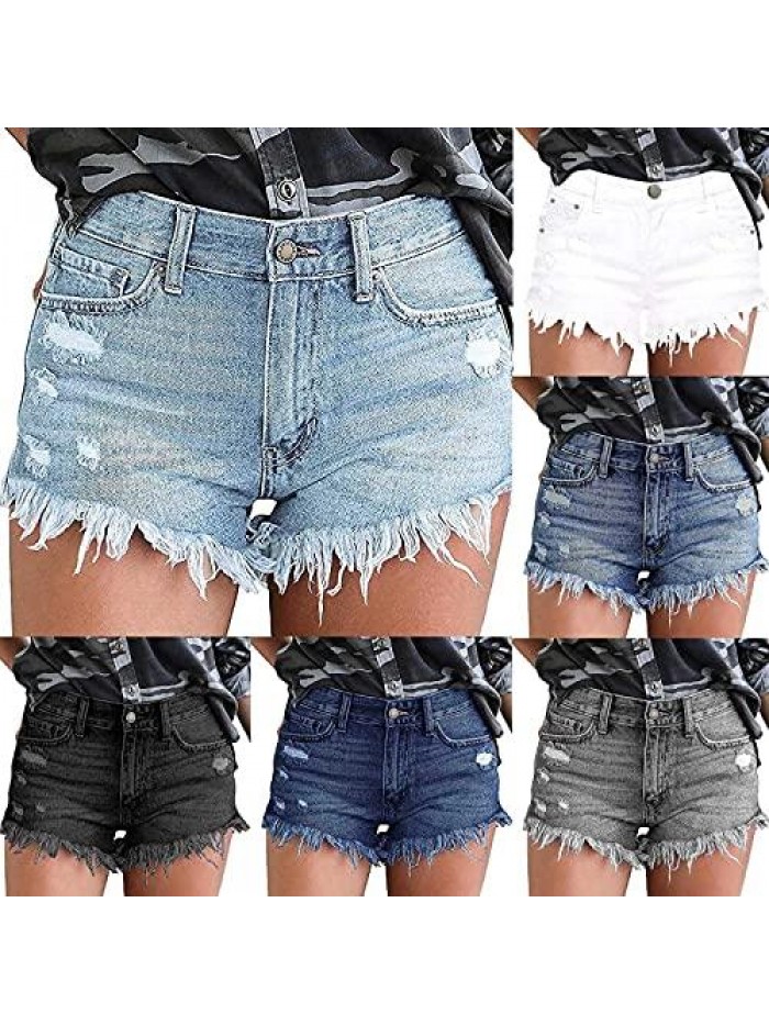Loose Fit Shorts Mid Waist Raw Hem Shorts Frayed Ripped Hot Denim Jean Shorts Girl Women's Ripped Jeans 