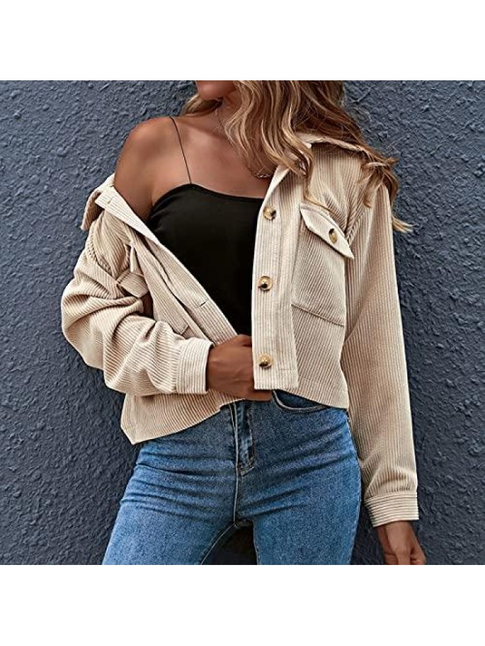 Womens Fashion Cropped Corduroy Plaid Shacket Jacket Button Down Long Sleeve Crop Shirts Jackets Tops 