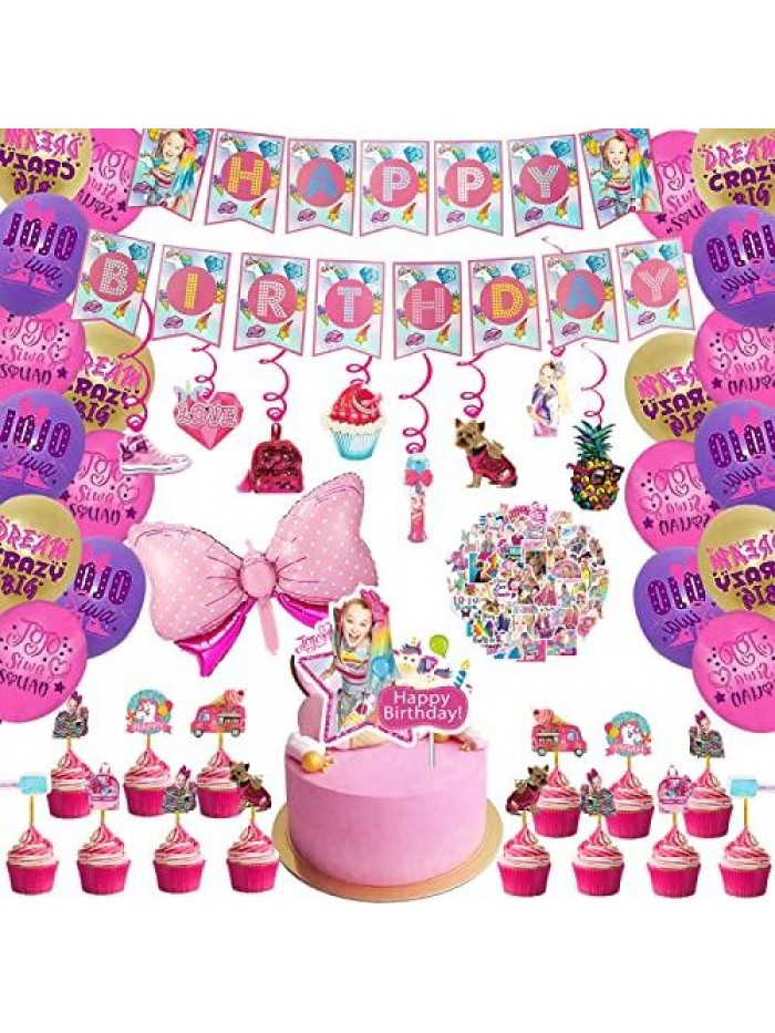 103 PCS JoJo Siwa Birthday Party Supplies Included Birthday Banner, Hanging Swirls, Cake topper, Cupcake toppers, Balloons, Foil Balloon,Stickers Birthday Party Decorations for Girls