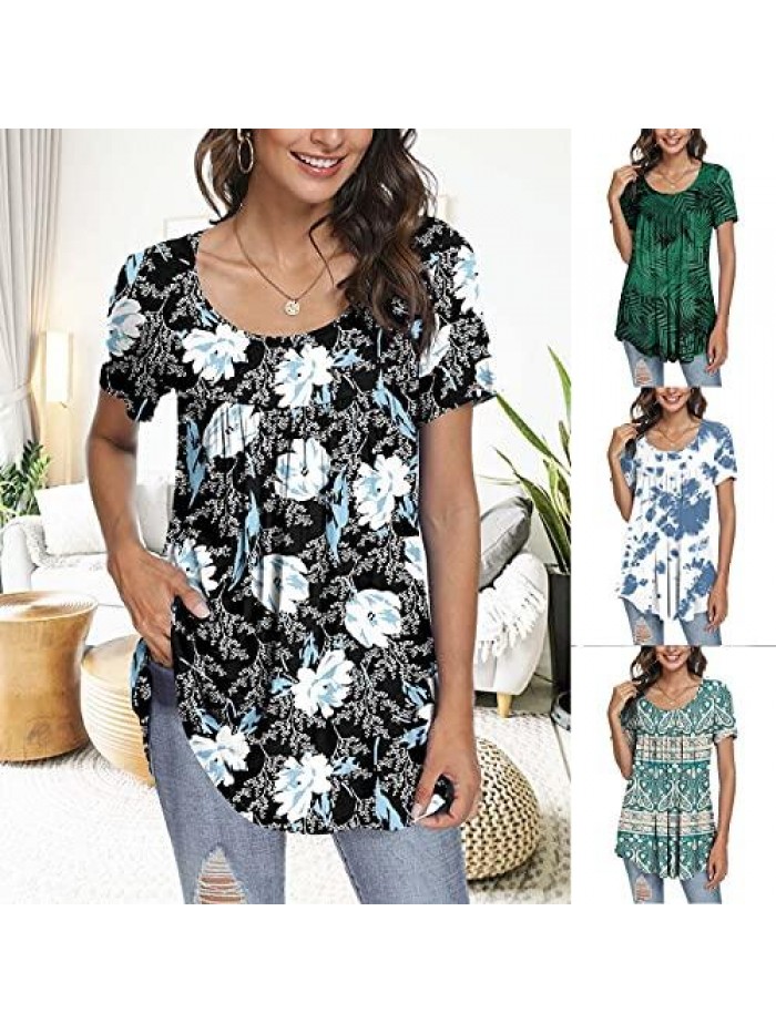 Women's Summer Casual Short Sleeve Tops Lightweight Loose Comfy Pleated Blouse Cute Flare Flowy Tunic 