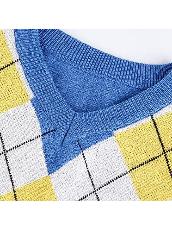 Argyle V Neck Sweater Vest Women - Plaid Pattern & Sleeveless Knit - Crop Top Y2K Streetwear Preppy for Girl 