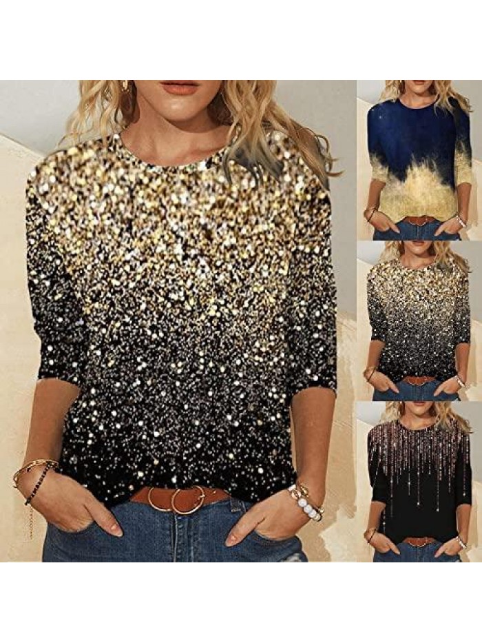 Womens 3/4 Sleeve Tops Fashion Shinny Glow Print Casual T-Shirt Blouse Lightweight Crewneck Shirt Pullover 