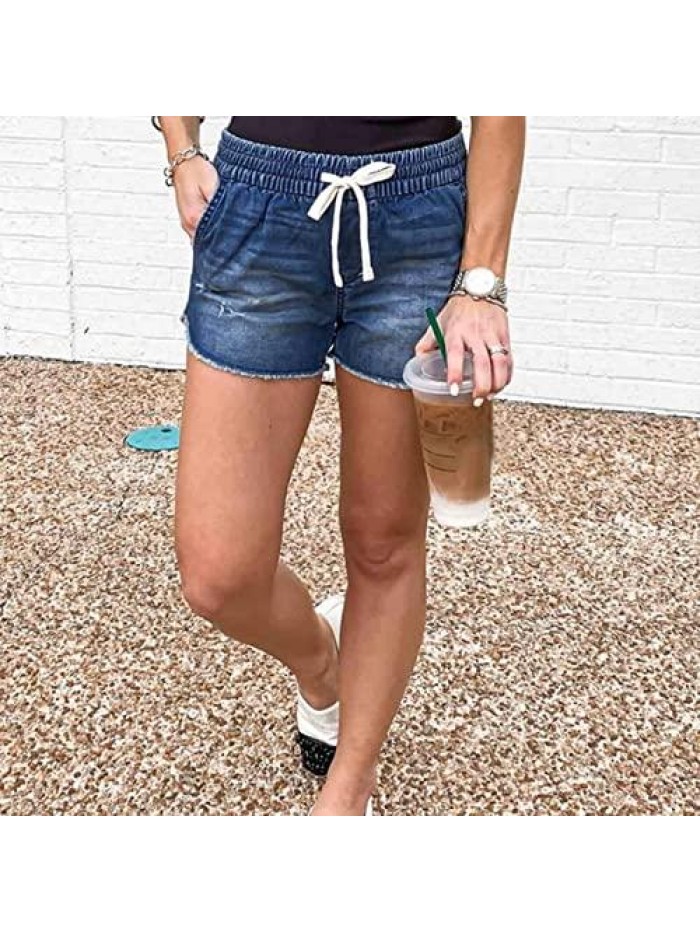 Women's Casual Elastic Waist Comfy Cotton Beach Shorts with Drawstring High Waisted Ripped Denim Jeans Shorts 