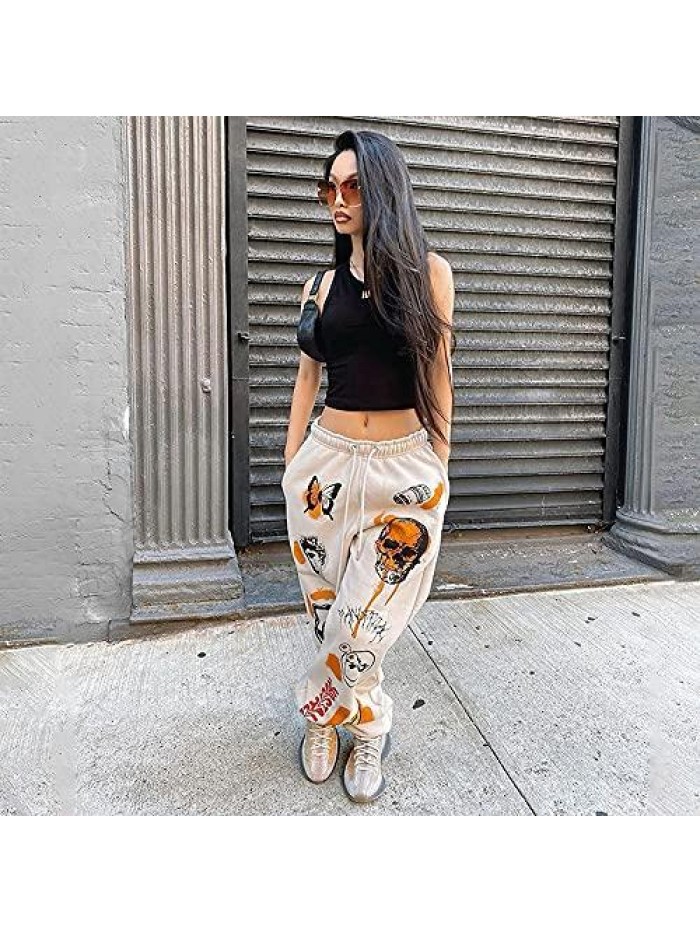 Women's Printed Jogger Pants Elastic Waist Fashion Graphic Hiphop Streetwear Loose Sweatpants with Pockets Trousers 