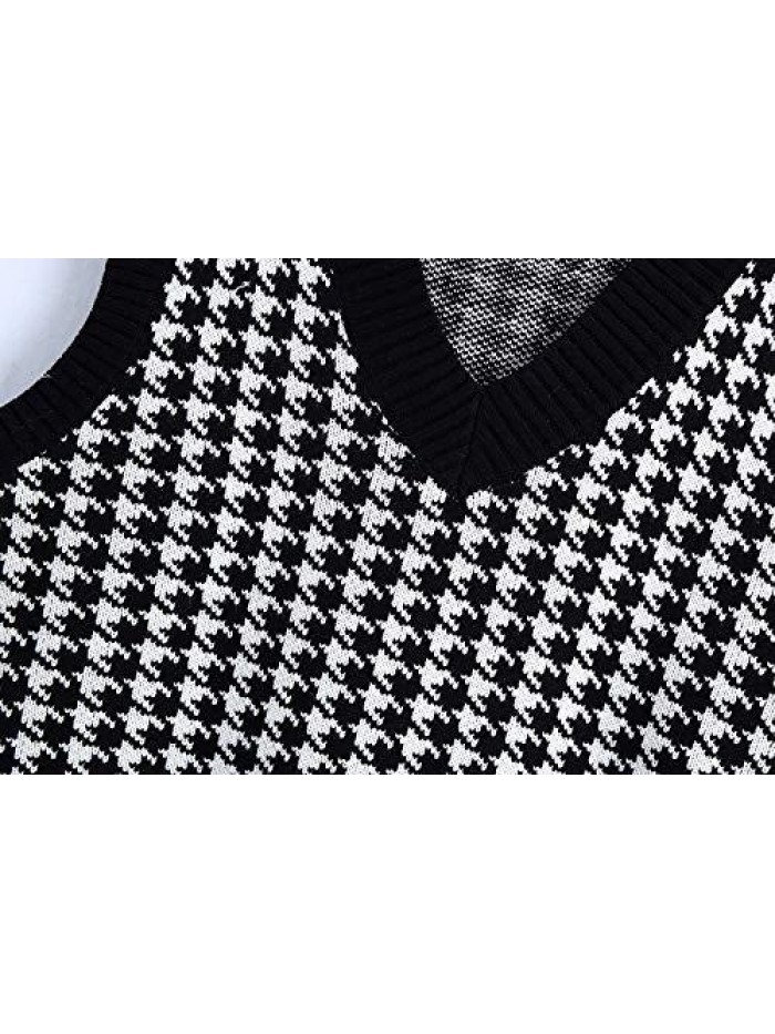 Women Houndstooth Pattern Knit Sweater Vest Sleeveless Loose V-Neck 90s Waistcoat Pullover Knitwear Top 
