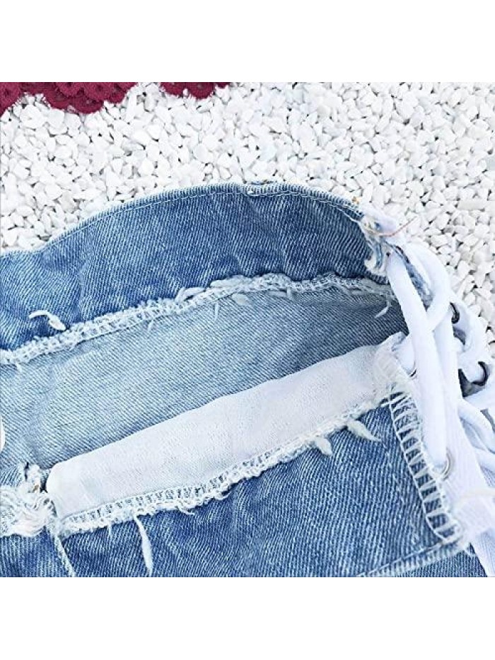 Women's Ripped Frayed Raw Hem Denim Shorts Mid Rise Casual Summer Bermuda Shorts Side Lace Up Sexy Club Short Jeans 