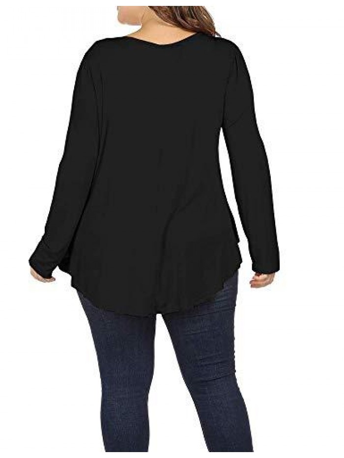 Women Plus Size Casual Pleated Long Sleeve Blouse Top Round Neck Flowy T Shirts 