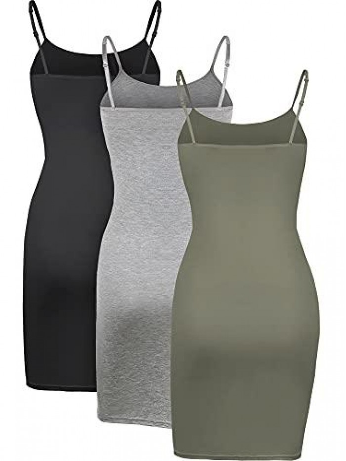 3 Pieces Basic Cami Women Long Tanks Camisole Tank Top Dress Slip Dress with Spaghetti Strap, Solid Color 