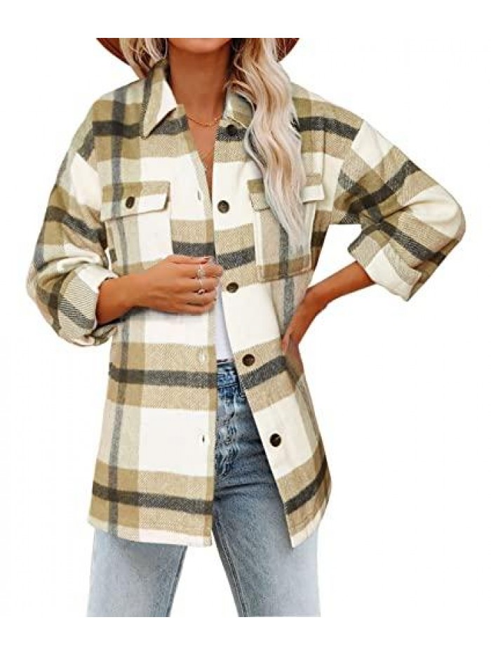Women's Long Sleeve Button Down Plaid Flannel Shirts Tops Casual Lapel V Neck Oversized Soft Shackets Blouses Top 