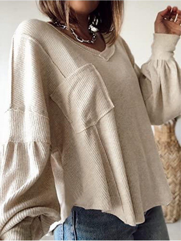 Women's Casual V Neck Ribbed Knitted Shirts Pullover Tunic Tops Loose Balloon Sleeve Solid Color Blouses Top 