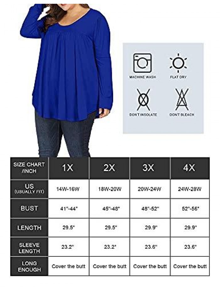 Women Plus Size Casual Pleated Long Sleeve Blouse Top Round Neck Flowy T Shirts 