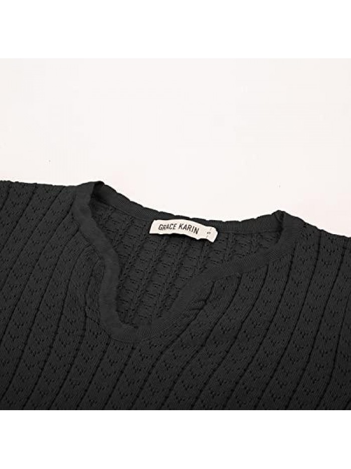 KARIN Womens Pullover Sweater Short Sleeve V Neck Soft Pointelle Knitwear Scalloped Tops 