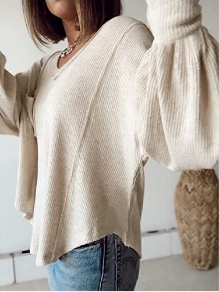 Women's Casual V Neck Ribbed Knitted Shirts Pullover Tunic Tops Loose Balloon Sleeve Solid Color Blouses Top 