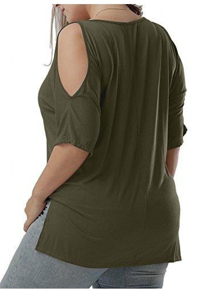Women Plus Size Cold Shoulder T Shirt Short Sleeve Split Womens Tops 
