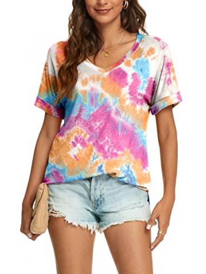 Womens Summer T-Shirts Casual V Neck Short Sleeve Loose Side Split Tops 